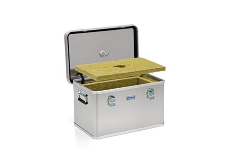 Hazardous goods box 4B X with aerosol extinguishing head and damping material lining 